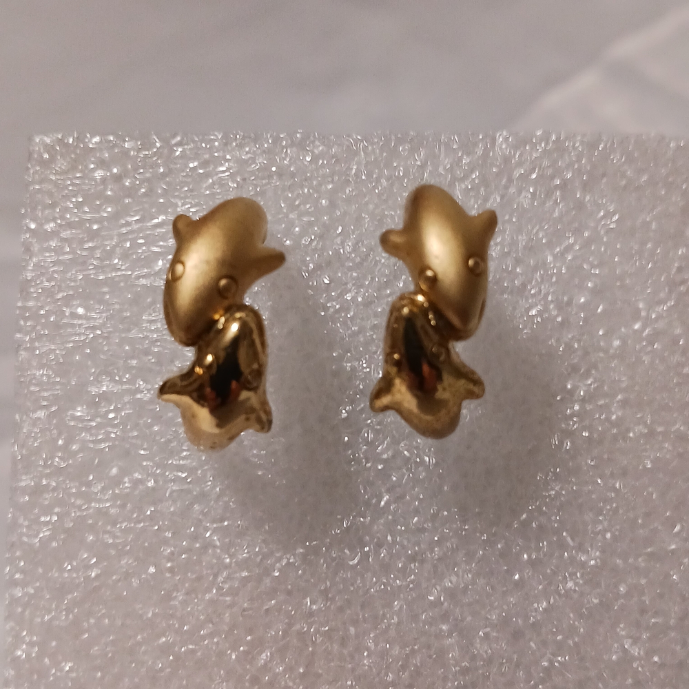 Elegant Gold Tone Double  Dolphin Earrings Two Tone